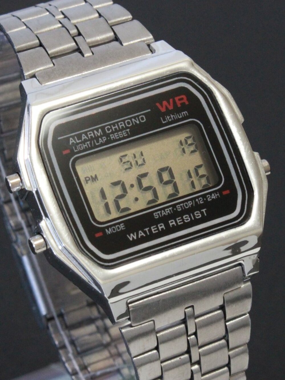 Retro Style Digital Watch Metal Case Bracelet Back light, Stopwatch, Day, Date